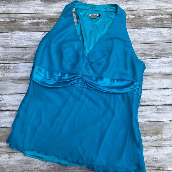 VTG Y2K Silk Halter Top Med/LG Blue Babydoll Ribbon Chiffon V Neck Coquette - Picture 10 of 12